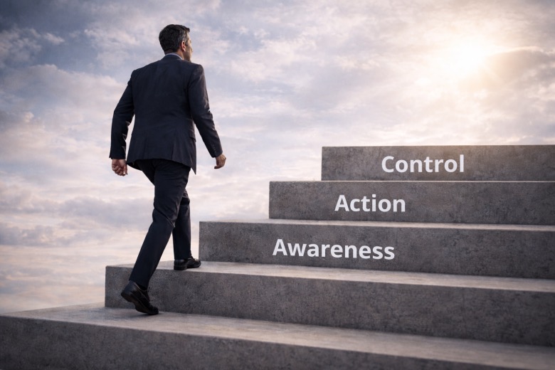 Business person climbing steps from problem awareness to procurement control