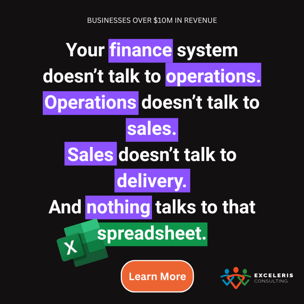 Your finance system doesn't talk to Operations. Operations doesn't talk to sales. Sales doesn't talk to delivery. And nothing talks to that spreadsheet.